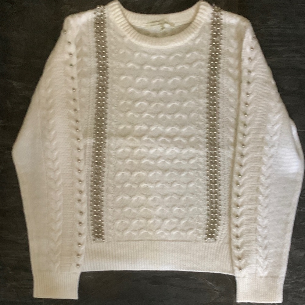 White Knit Sweater with Silver Bead Accents